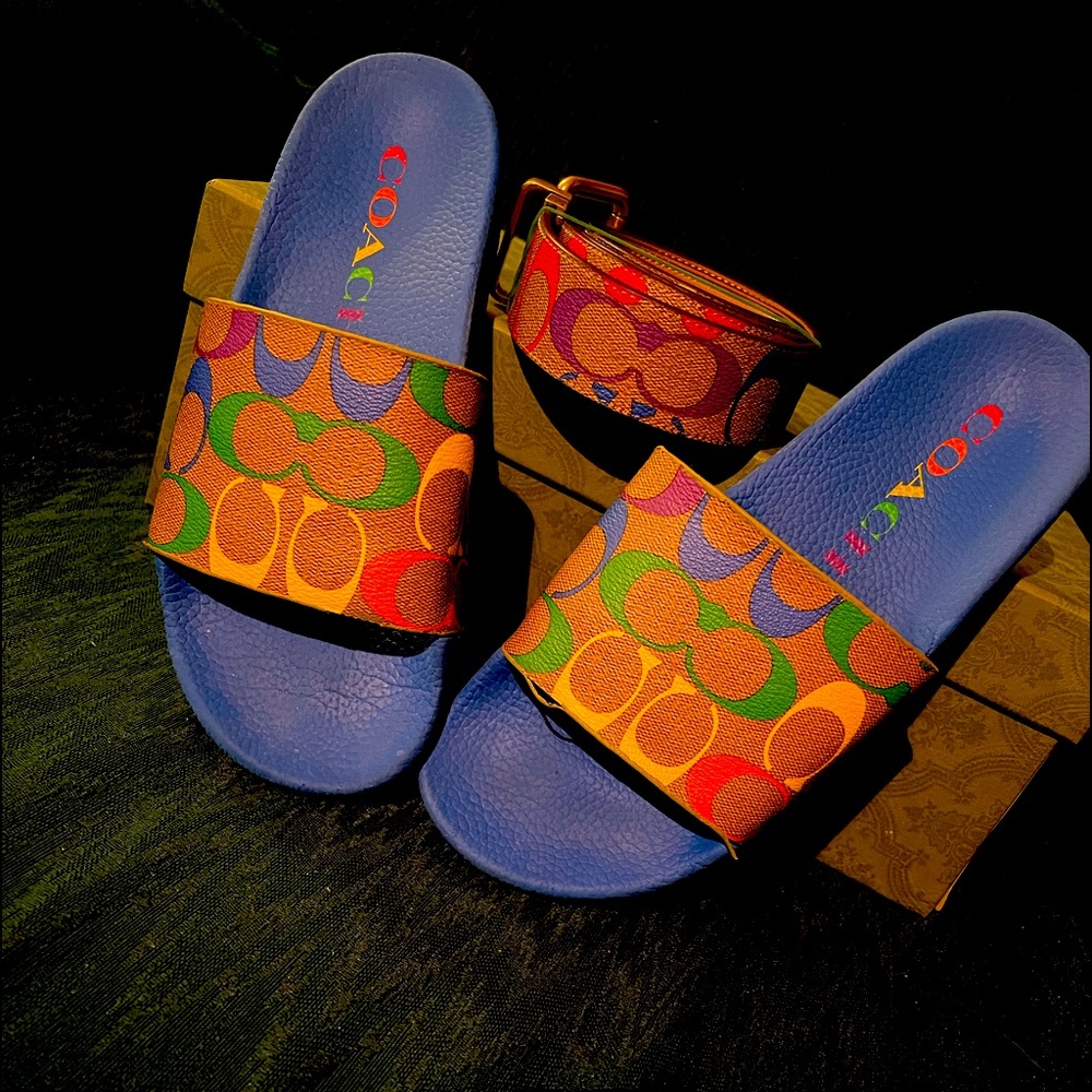 Slightly Worn Authentic Coach Slides And Belt - image 1